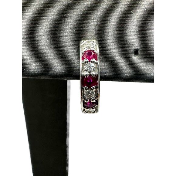 Shane Co. 14K White Gold Diamon & Red Stone Mini Hoop Earrings (16204) - Picture 9 of 16